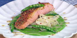 Curtis Stone's Chive-Crusted Salmon with Peas, Pickled Fennel and Crispy Quinoa